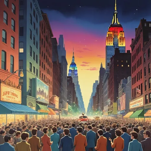 Prompt: Disney-style illustration of NYC in 1967, the Beatles performing live, Empire State Building in the background, bustling city center, detailed character designs, vibrant colors, iconic landmarks, nostalgic atmosphere, magical realism, animated, historical, Beatles concert, New York City, Disney style, 1967, Empire State Building, vibrant colors, bustling city, magical atmosphere, detailed characters, iconic landmarks, nostalgic lighting