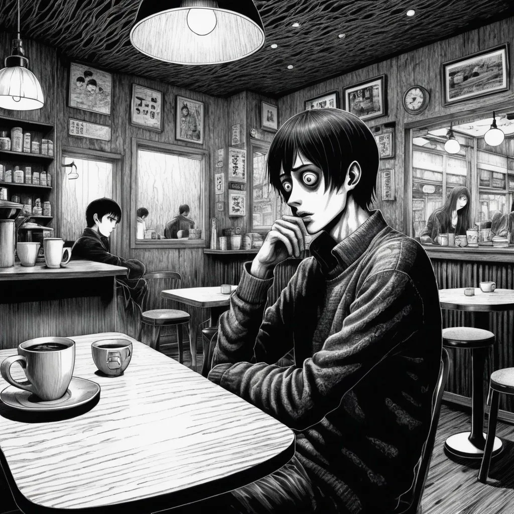 Prompt: Junji Ito manga illustration of a man in a cozy coffee shop, black and white ink, detailed surreal surroundings, eerie and unsettling ambiance, intense facial expressions, manga style, horror, detailed surroundings, black and white, surreal, eerie lighting, unsettling atmosphere