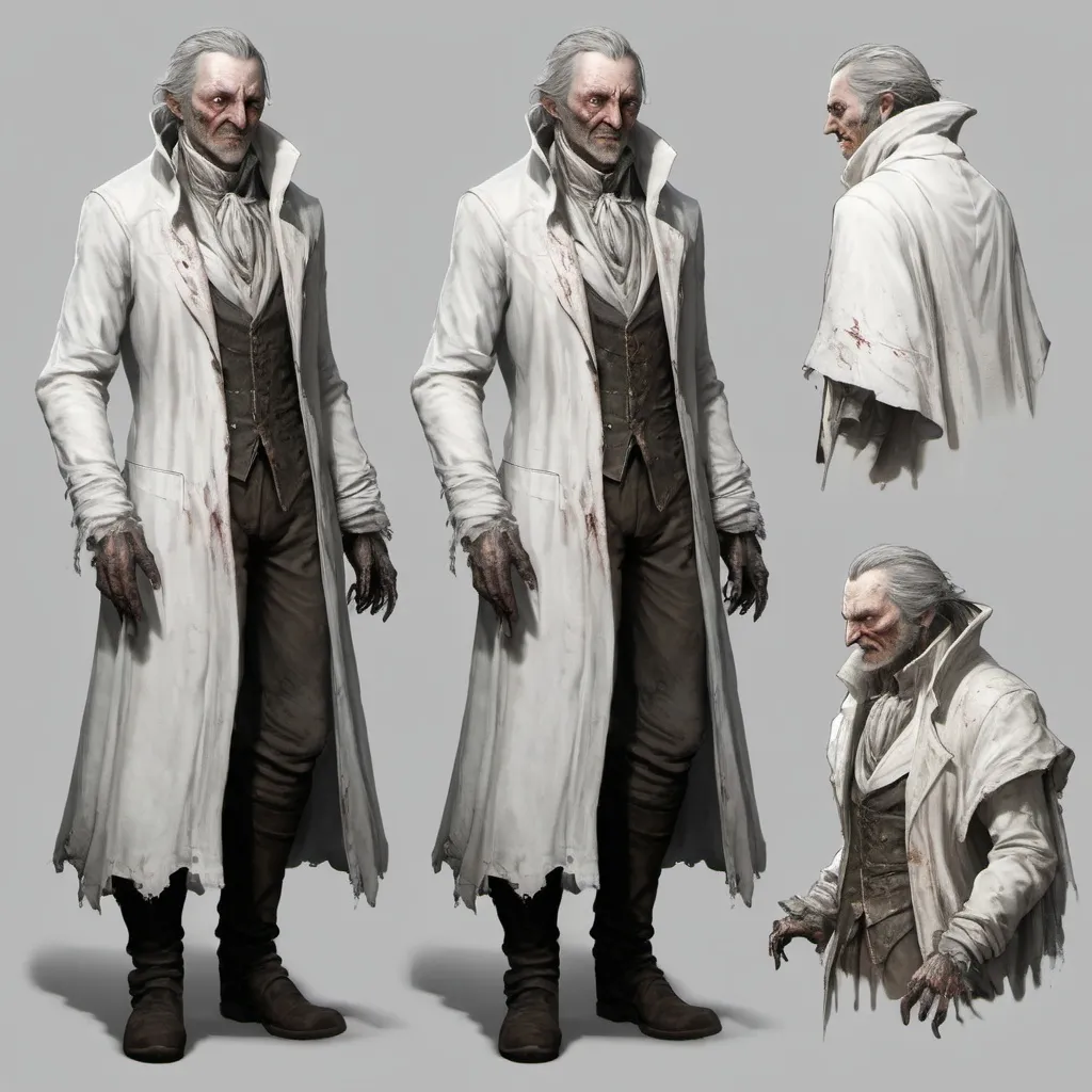 Prompt: character design, reference sheet, bloodborne, concept art, photorealistic, hyperdetailed, teacher of byrgenwerth,  very old, white robe, decrepit