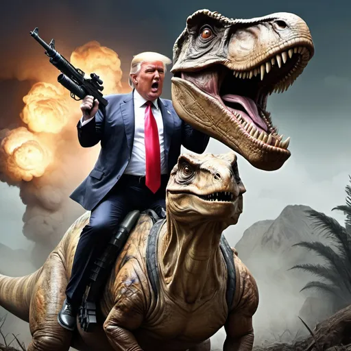Prompt: epic professional digital art of donald trump, atmospheric lighting, paint and ink, illustrated, detailed, by leesha hannigan, hr Geiger, funny, hilarious, riding a dinosaur with machine guns, stunning, gorgeous, much wow, much detail, cinematic, masterpiece