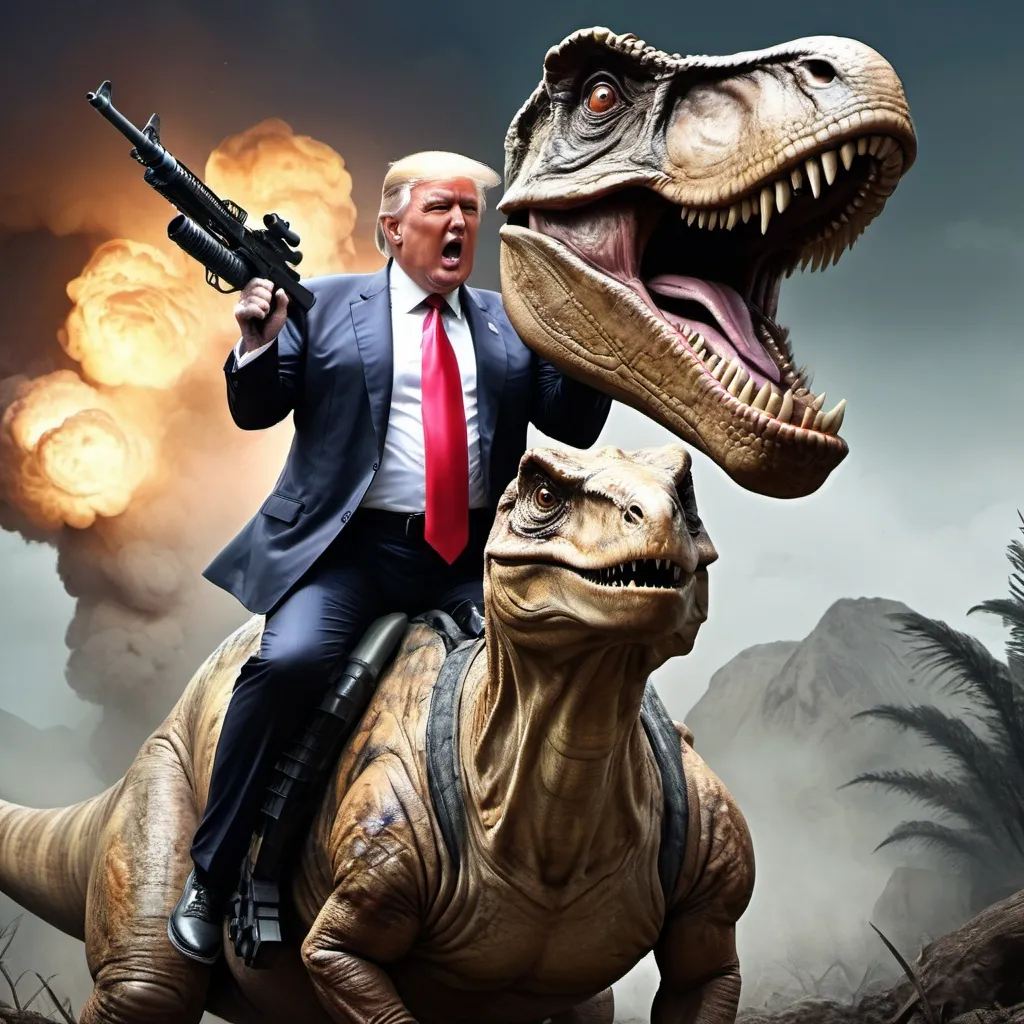 Prompt: epic professional digital art of donald trump, atmospheric lighting, paint and ink, illustrated, detailed, by leesha hannigan, hr Geiger, funny, hilarious, riding a dinosaur with machine guns, stunning, gorgeous, much wow, much detail, cinematic, masterpiece