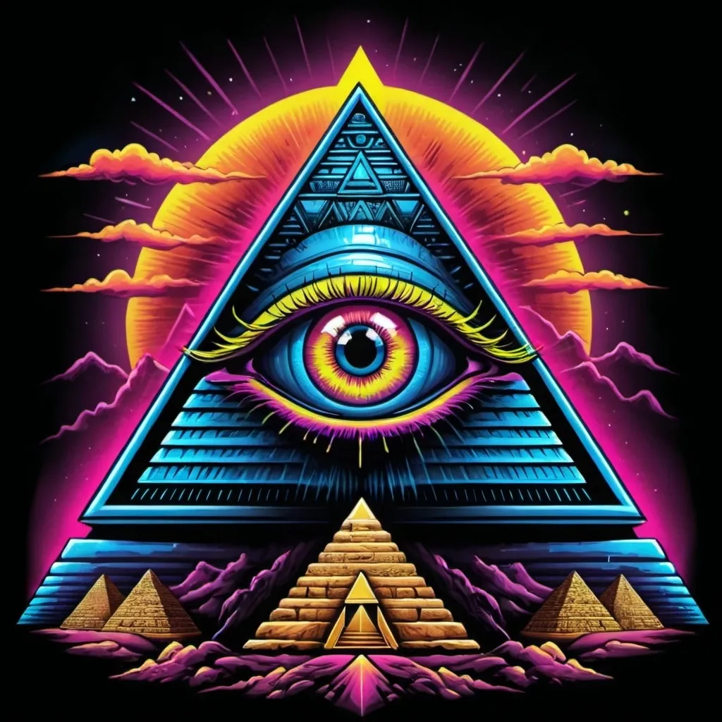 Prompt: high resolution, 4k, detailed, high quality, professional, wide view all seeing eye and pyramid in neon