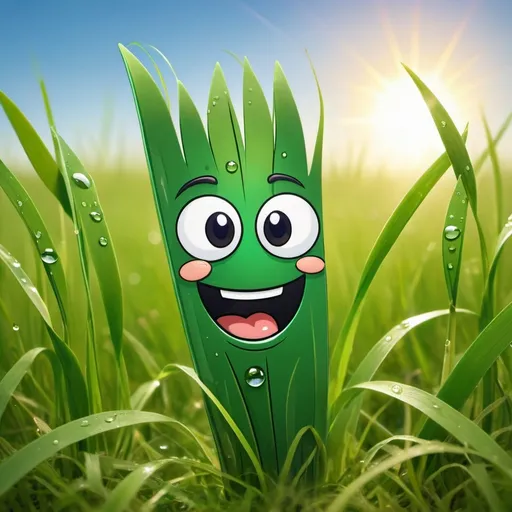 Prompt: A blade of grass with an animated cartoon face. It is soaking up the sun in a field of grass