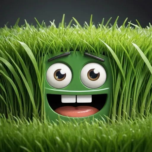 Prompt: A blade of grass animated with a cartoon looking face that looks afraid of a lawn mower cutting it down.