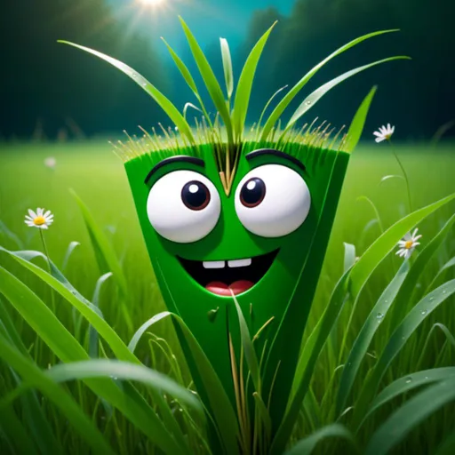 Prompt: <mymodel> A daisy with an animated face trying to cheer up a blade of grass with an animated face