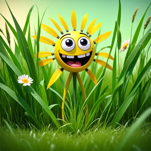 Prompt: <mymodel>(vibrant illustration) two whimsical characters, (happy yellow flower) with large expressive eyes and a radiant smile, (frightened blade of grass) with a quivering posture and wide-open eyes