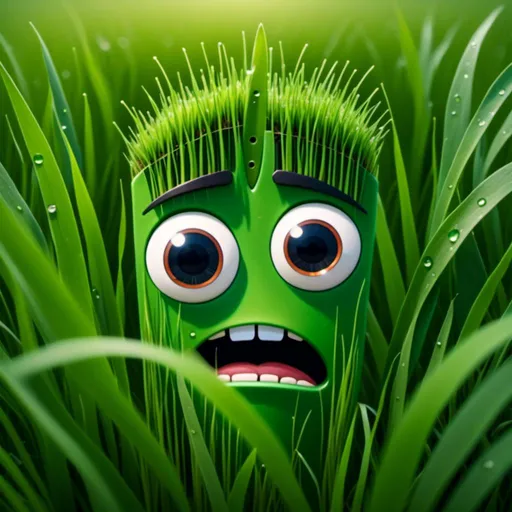 Prompt: <mymodel>A sad blade of grass that is squeezing its eyes closed