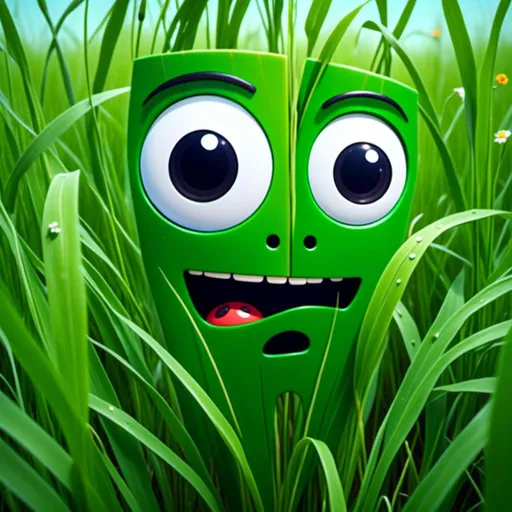 Prompt: <mymodel>two characters: a Daisy flower (cheerful and vibrant expression), talking to a scared blade of grass (anxious expression)