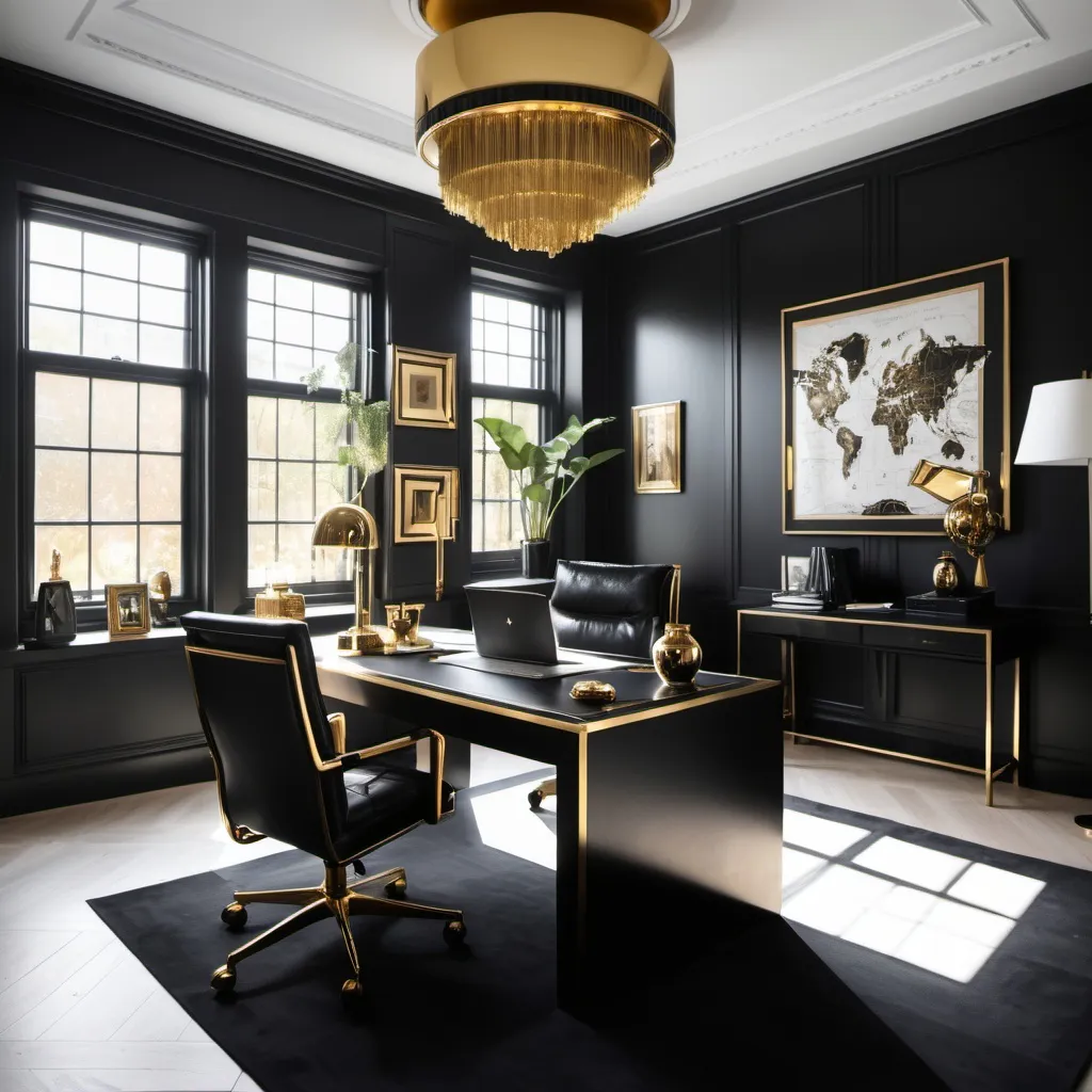 Prompt: home office thats black and gold sunlight from windos, large office tabl