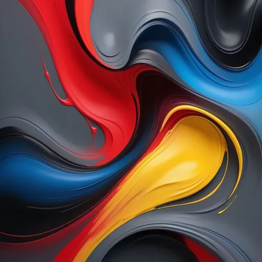 Prompt: Generate an abstract painting with vibrant, gradient and visually striking black, red, yellow, charcoal gray and blue colors. The colors should blend, conveying a sense of movement and energy and have a cartoonish style.