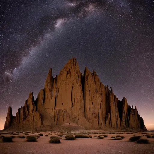 Prompt: Shiprock, New Mexico. Late night looking up from the base. you can see stars and galaxies

