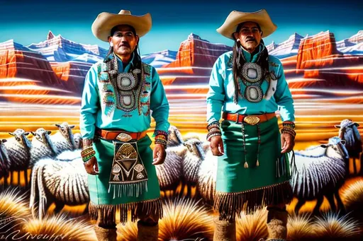 Prompt: Navajo sheepherder in traditional attire, adorned with turquoise jewelry set in silver, standing next to a hogan, high quality, detailed, realistic, traditional, vibrant colors, natural lighting, Native American, Silver turquoise jewelry, traditional clothing, warrior, hogan, desert landscape, cultural, detailed jewelry, intricate design, professional, Dawn, Horses, sheep, white pants, pendleton shirt