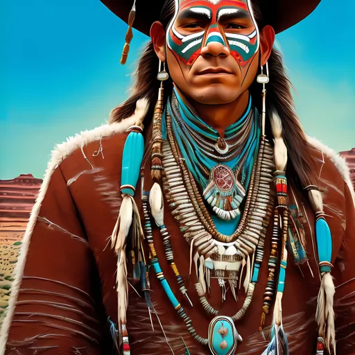 Prompt: Navajo medicine man in traditional attire, adorned with turquoise jewelry set in silver, standing next to a hogan, high quality, detailed, realistic, traditional, vibrant colors, natural lighting, Native American, Silver turquoise jewelry, traditional clothing, warrior, hogan, desert landscape, cultural, detailed jewelry, intricate design, professional, Dawn, Horses, sheep, white pants, pendleton shirt