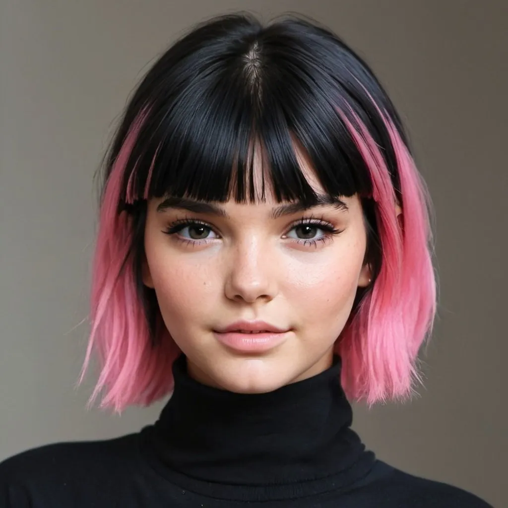 Prompt: image of a young girl that kind of looks like kendal jenner but with pink black hair
