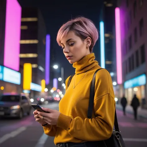 Prompt: The image portrays a young woman with stylish short hair standing in an urban setting at night. She is wearing a mustard-colored, long-sleeve, turtleneck sweater and a black strap over her shoulder, suggesting she is carrying a bag. She holds a smartphone in both hands, looking down at it with a focused and thoughtful expression.

The background is a city street with tall buildings, giving an urban, modern vibe. Surrounding the woman are vibrant, floating geometric shapes and prisms of various colors, including pink, orange, yellow, and purple. These shapes appear to be emanating from her smartphone, creating a dynamic and futuristic atmosphere. The overall effect is a blend of technology and creativity, with the bright, colorful shapes contrasting against the darker, muted tones of the city background. The image captures a sense of innovation, fashion, and tech-savvy style, aligning with the persona of Alexa Virtual, the AI influencer. 
make it more realestic like it is not created by ai> it looks like original