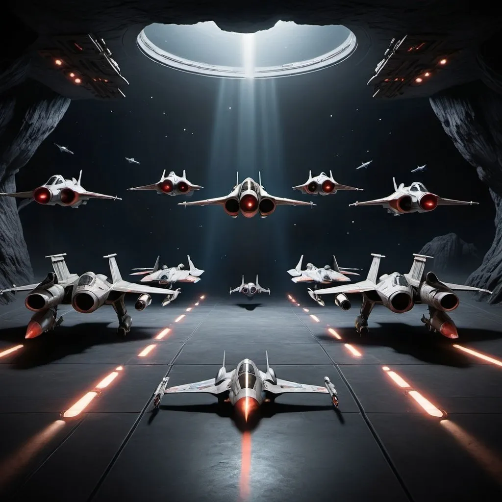 Prompt: a landing bay with 20 star fighters lined up on each side, 10 on each side of the dark cave like landing bay and a star fighter landing