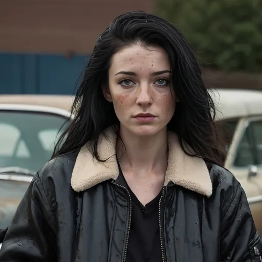 Prompt: Woman, Black hair, long hair, pale, freckles, late 30s, black furred bomber jacket, neutral expression, slight smile, dark eyes, realistic, dark and moody, motor oil stains, strong, sharp facial features, serious, aged features, unkempt hair, strong jaw, adult, mechanic