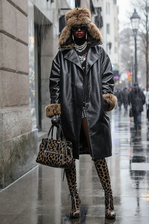 Prompt: A black  tall model, realistic, catalog, editorial photo , full body , fashionable pose, leather over size rain coat , boots with big high heals, short , sungllases, bid silver bold accesories , edgy style , inspired by leopard , clack and brown and cream and a little dark red and silver  color , big fur hat  , leather pattern , big special bag , street background rainy  weather 
 , ispired by Todsqouard bros  co ,  winter collection 
