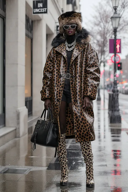 Prompt: A black  tall model, realistic, catalog, editorial photo , full body , fashionable pose, leather over size rain coat , boots with big high heals, short , sungllases, bid silver bold accesories , edgy style , inspired by leopard , clack and brown and cream and a little dark red and silver  color , big fur hat  , leather pattern , big special bag , street background rainy  weather 
 , ispired by Todsqouard bros  co ,  winter collection 
