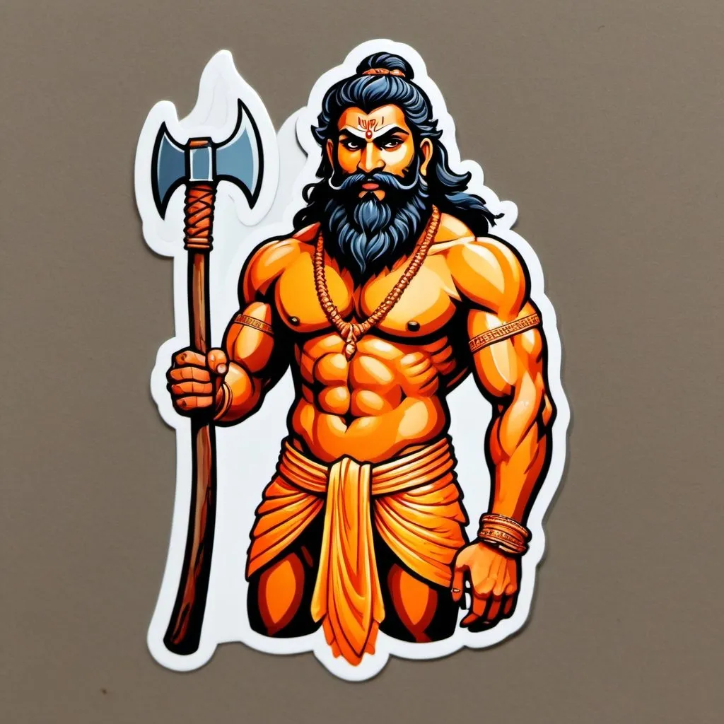 Prompt: Lord Parashuram with an axe wearing Saffron Janeu, chiselled physique, beard and long hair