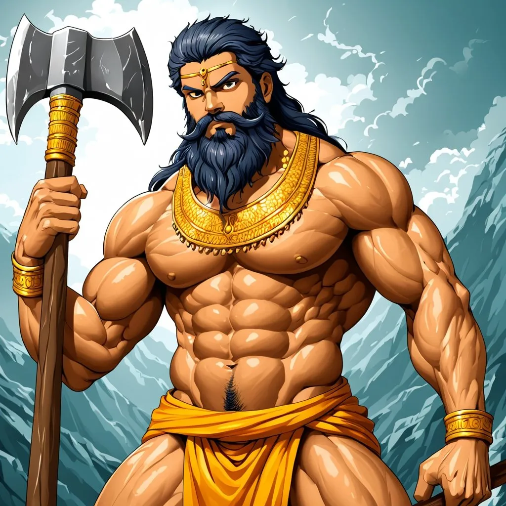 Prompt: Lord Parashuram with an axe wearing Saffron Janeu, chiselled physique, beard and long hair