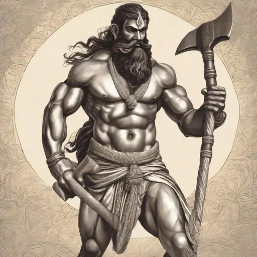 Prompt: Lord Parashuram with an axe wearing Saffron Janeu, chiselled physique, beard and long hair
