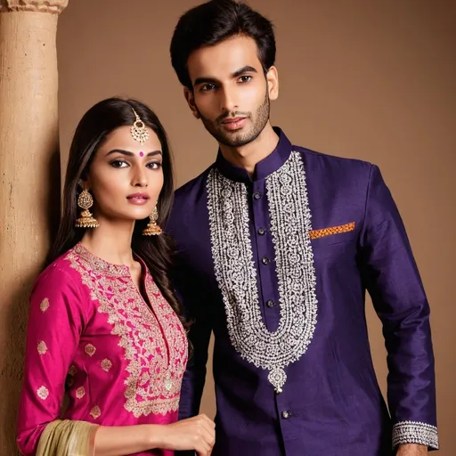 Prompt: Indian Model wearing ethic salwaar kameez with bindi on forehead for an Indian brand named Manyavar