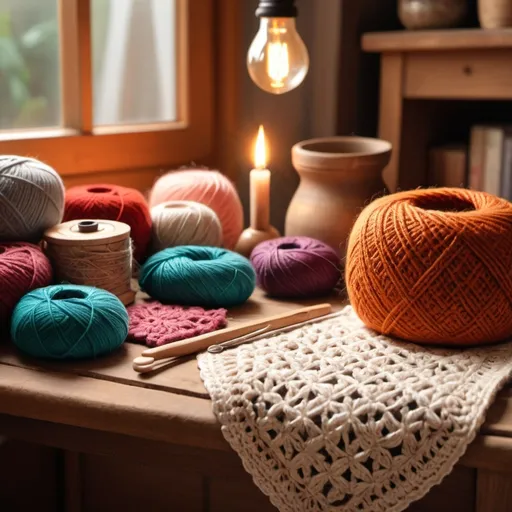 Prompt: Cozy vibe, Youtube thumbnail for a crochet stream (no poeple)  