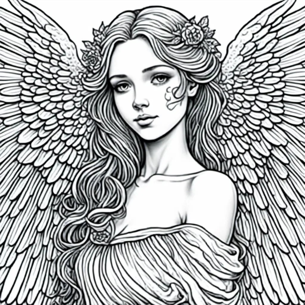 Prompt: a beautiful detailed girl with angel wings , black and white coloring book art, in the style of <mymodel>