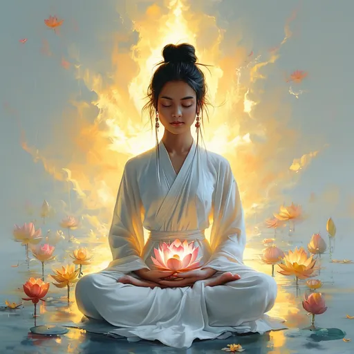 Prompt: A peaceful calm meditation asia girl high bun black hair wearing white meditation cloth with many lotus around in white yellow light  space