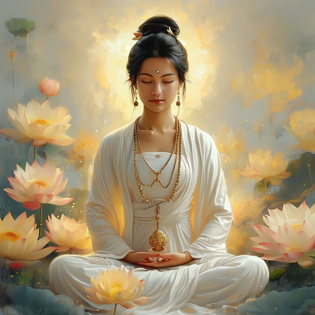 Prompt: A peaceful calm meditation asia girl medium black hair wearing white meditation cloth with many lotus around in white yellow light  space quan yin mother above