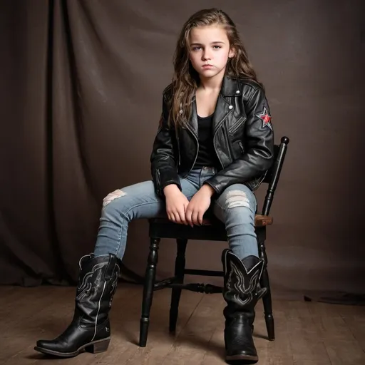 Prompt: fierce muscular 14 year old girl, dressed in black leather jacket and black cowboy-boots, sitting on a chair