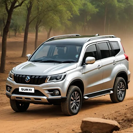 Prompt: Create a suv 7 seater   4×4 car designed by Suzuki , chansi by Volvo, body by Tata, engine by  Toyota , integral by Mercedes, BMW electronics, manufactured by Mahindra