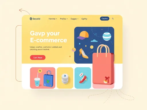 Prompt: E-commerce website layout, flat design, vibrant colors, intuitive navigation, product-focused, modern aesthetics