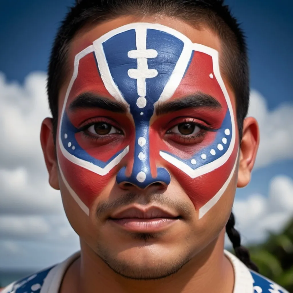 Prompt: Wrstling face paint design with a white base, clean black eye markings, dark blue and red highlights resembling an prophetic samoan warrior, combining elements of comedy and strength."