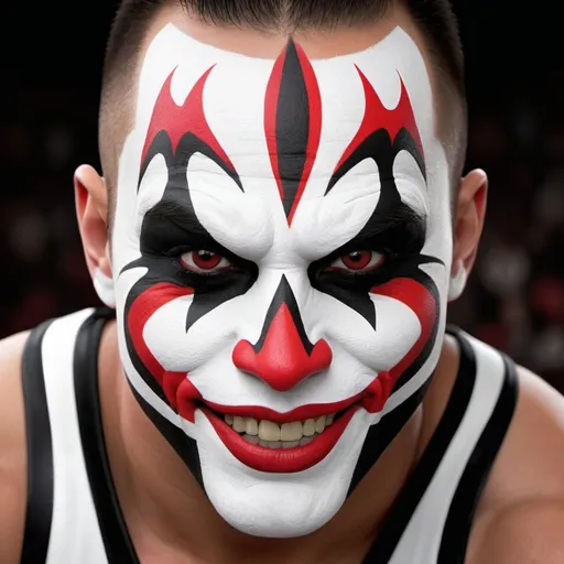 Prompt: Wrestling face paint design with white base, black tribal patterns, black and red eyes, and a red exaggerated smile inspired by Sting, Umaga, and the Joker.