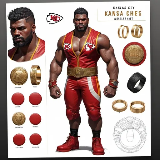 Prompt: Character design sheet wrestler black fade haircut red leather vest with gold accents Kansas city chiefs inspired ring attire