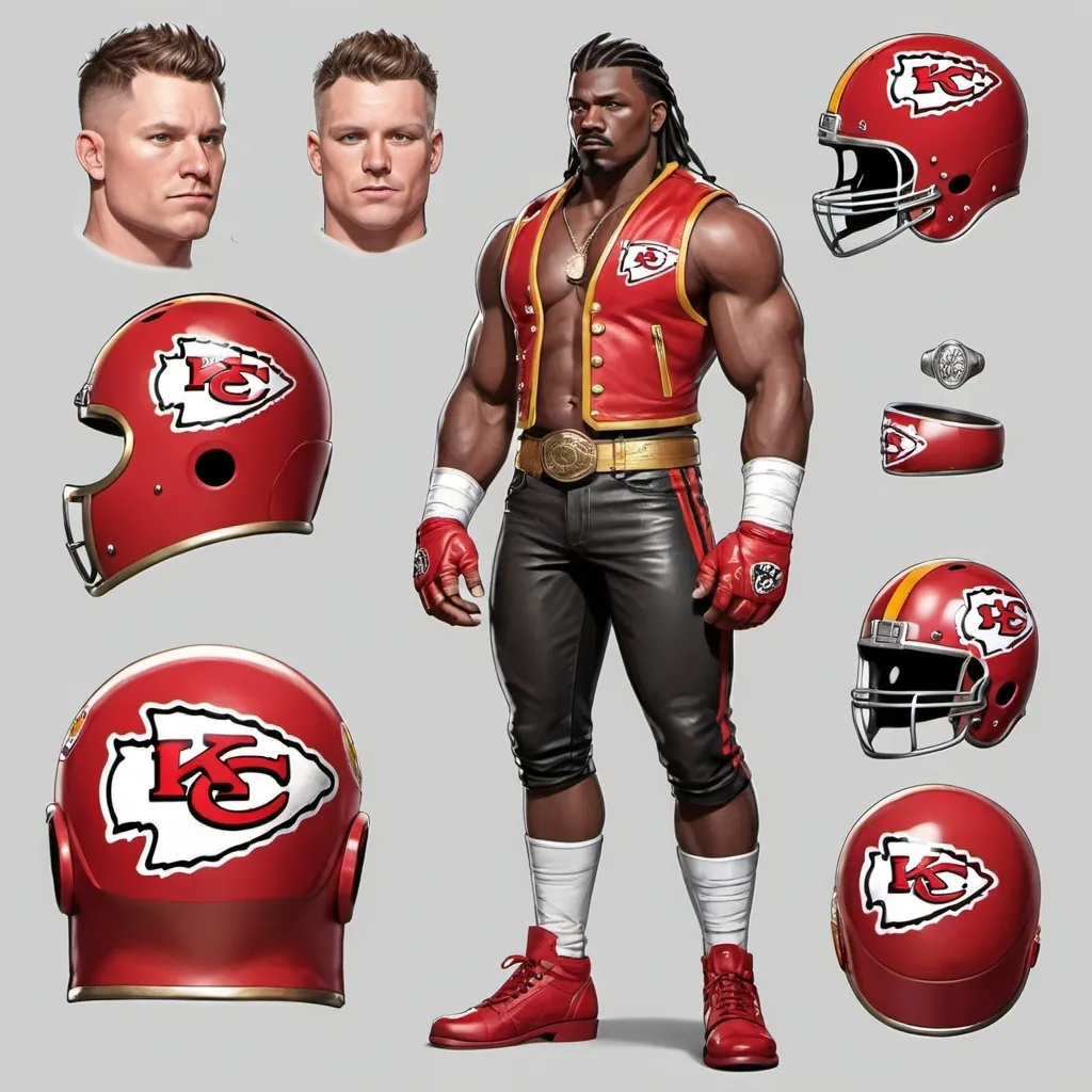 Prompt: Character design sheet wrestler white male dark "fade" haircut red leather vest with gold accents Kansas city chiefs inspired ring attire
4 super bowl rings