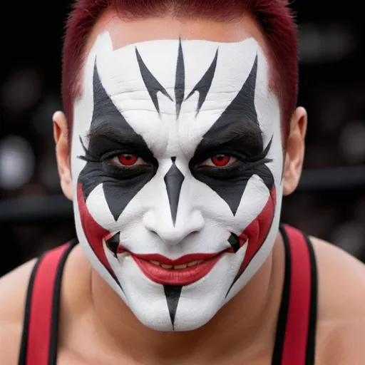 Prompt: Wrestling face paint design with white base, black tribal patterns, black and red eyes, and a red exaggerated smile inspired by Sting, Umaga, and the Joker.