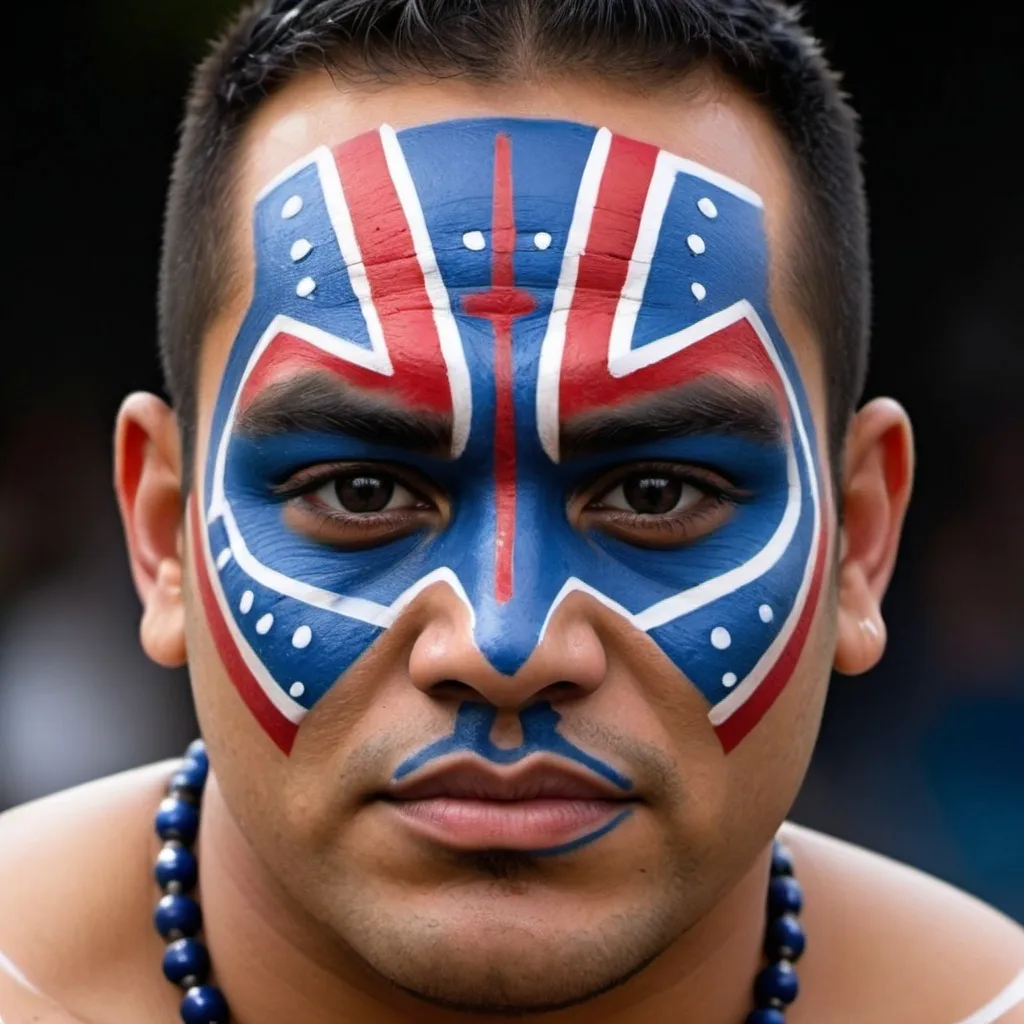 Prompt: Wrstling face paint design with a white base, clean black eye markings, dark blue and red highlights resembling an prophetic samoan warrior, combining elements of comedy and strength."