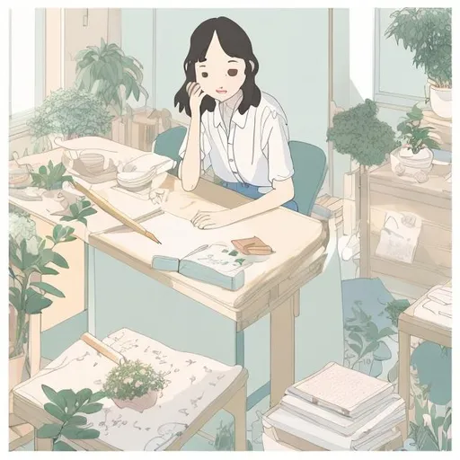 Prompt: Studio Ghibli style illustration of a  teacher in soothing pastel tones seating on a patterned wooden desk, warm natural lighting, detailed facial features, flowing light brown hair, kind and gentle expression, thoughtful blue eyes, high quality, detailed, Studio Ghibli, serene, warm tones, detailed eyes, wise teacher, professional, natural lighting, no glasses, busy classroom behind