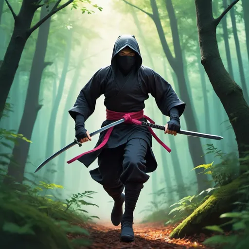 Prompt: Create an image of a stealthy ninja navigating a vibrant, magical forest, blending seamlessly with the shadows as they move with grace and precision.