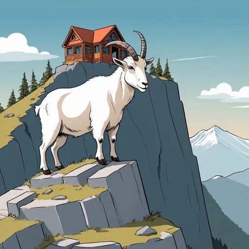 Prompt: cartoon image: a library on top of a mountain. a mountain goat is nearby. 