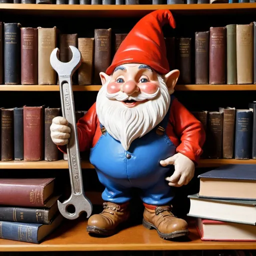 Prompt: a jolly gnome holding a spanner, ready to fix a library of books