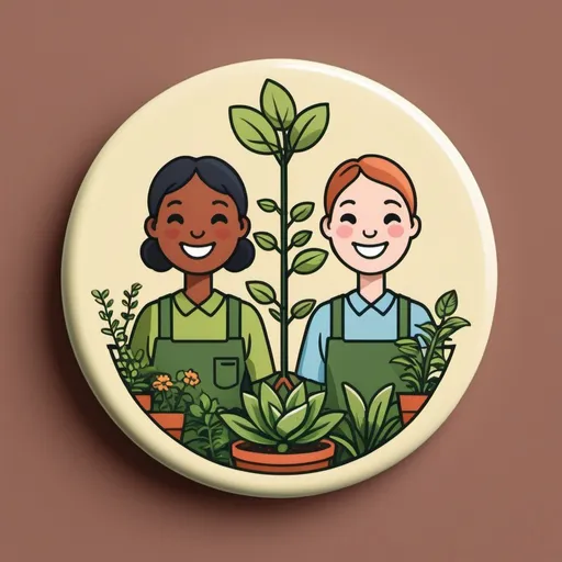 Prompt: I'd like a round badge design with a plant in the middle, two smiling faces, non-gender specific. It should convey 'library gardener', but no text. 