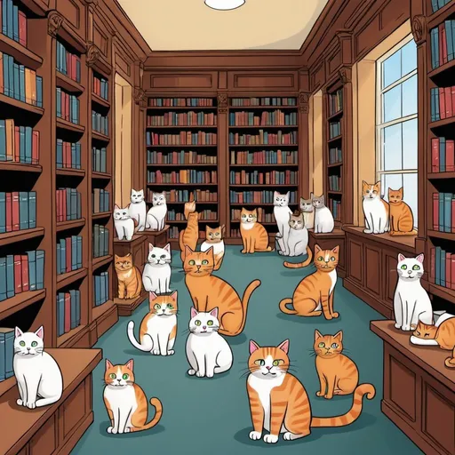 Prompt: cartoon of cats in a library