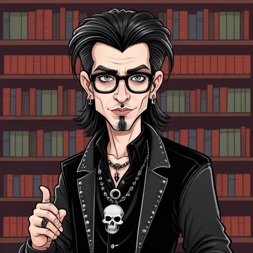 Prompt: a cartoon of a very cool goth rocker librarian (male)