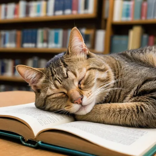 Prompt: a library cat sleeping on an academic text book

