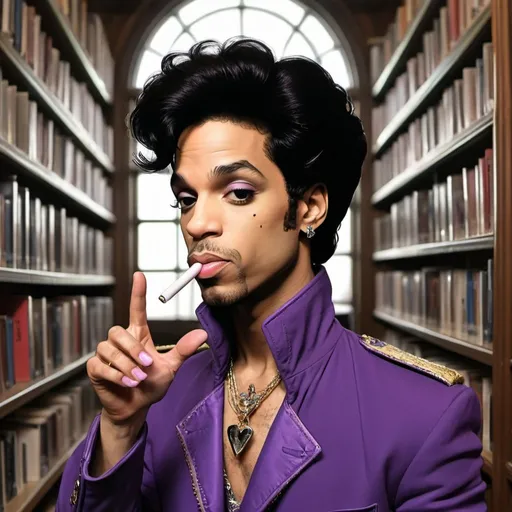 Prompt: a cartoon of music icon, Prince, in a library, blowing a kiss