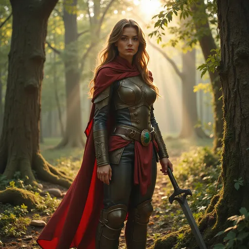 Prompt: Woman Paladin fighter in a mystical forest around sunlight